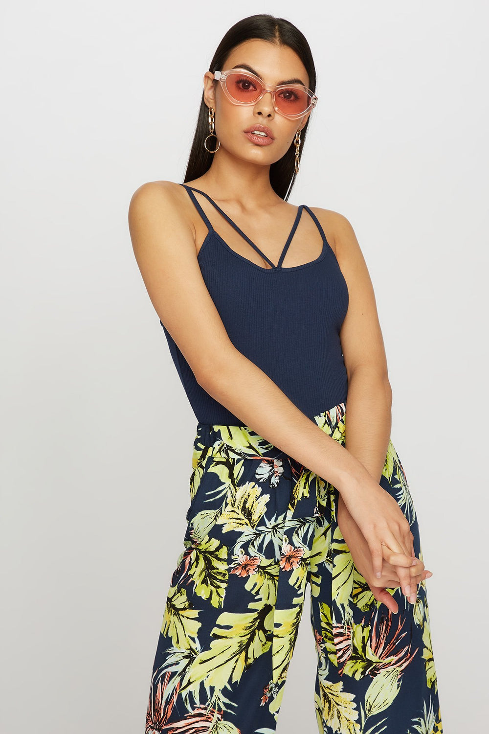Women Caged Ribbed Camisole Navy