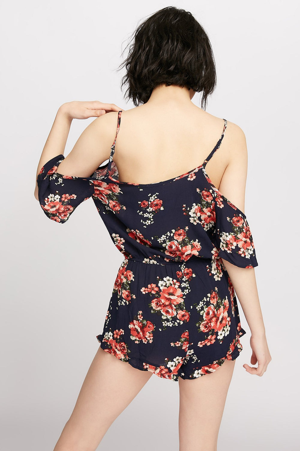 Women Cold Shoulder Faux-Wrap Ruffle Floral Romper Navy