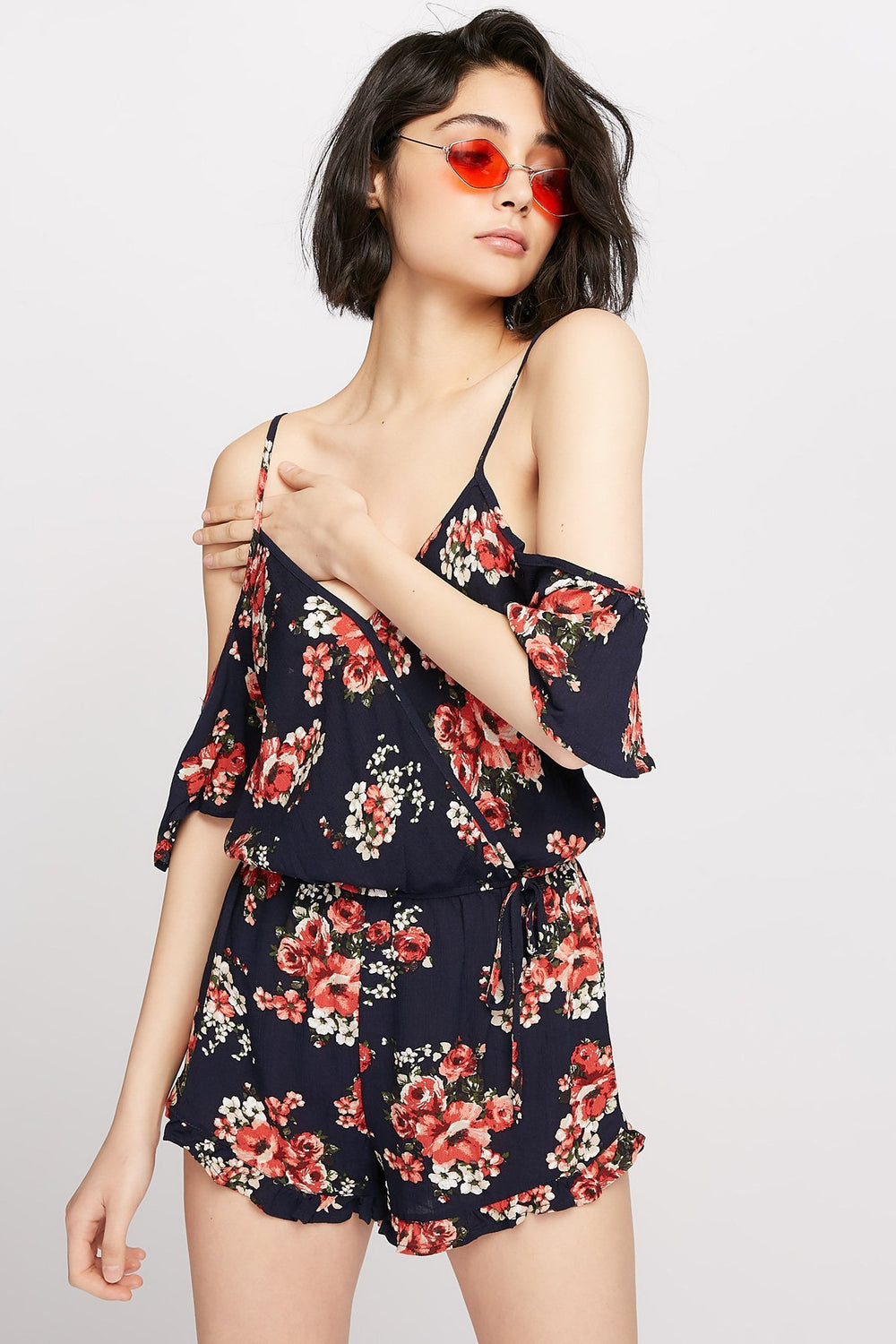Women Cold Shoulder Faux-Wrap Ruffle Floral Romper Navy