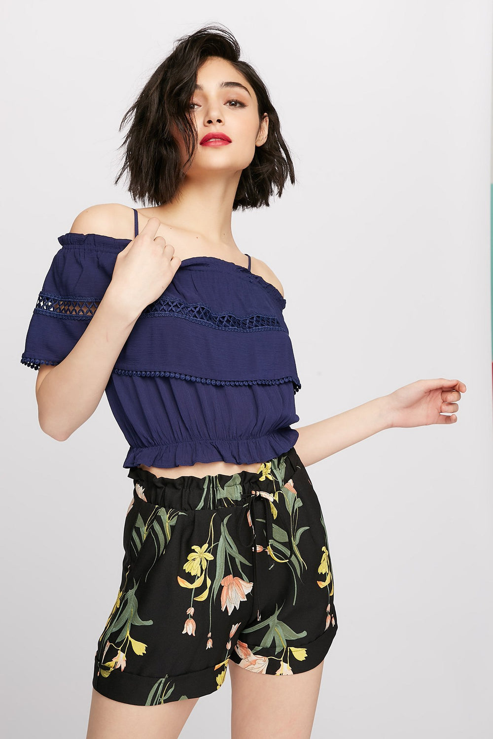 Women Cold Shoulder Ruffle Crochet Cropped Blouse Navy