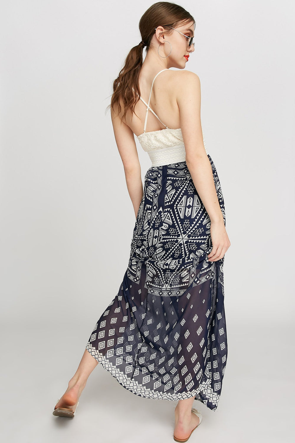 Women Crochet Tribal Printed Maxi Dress Navy
