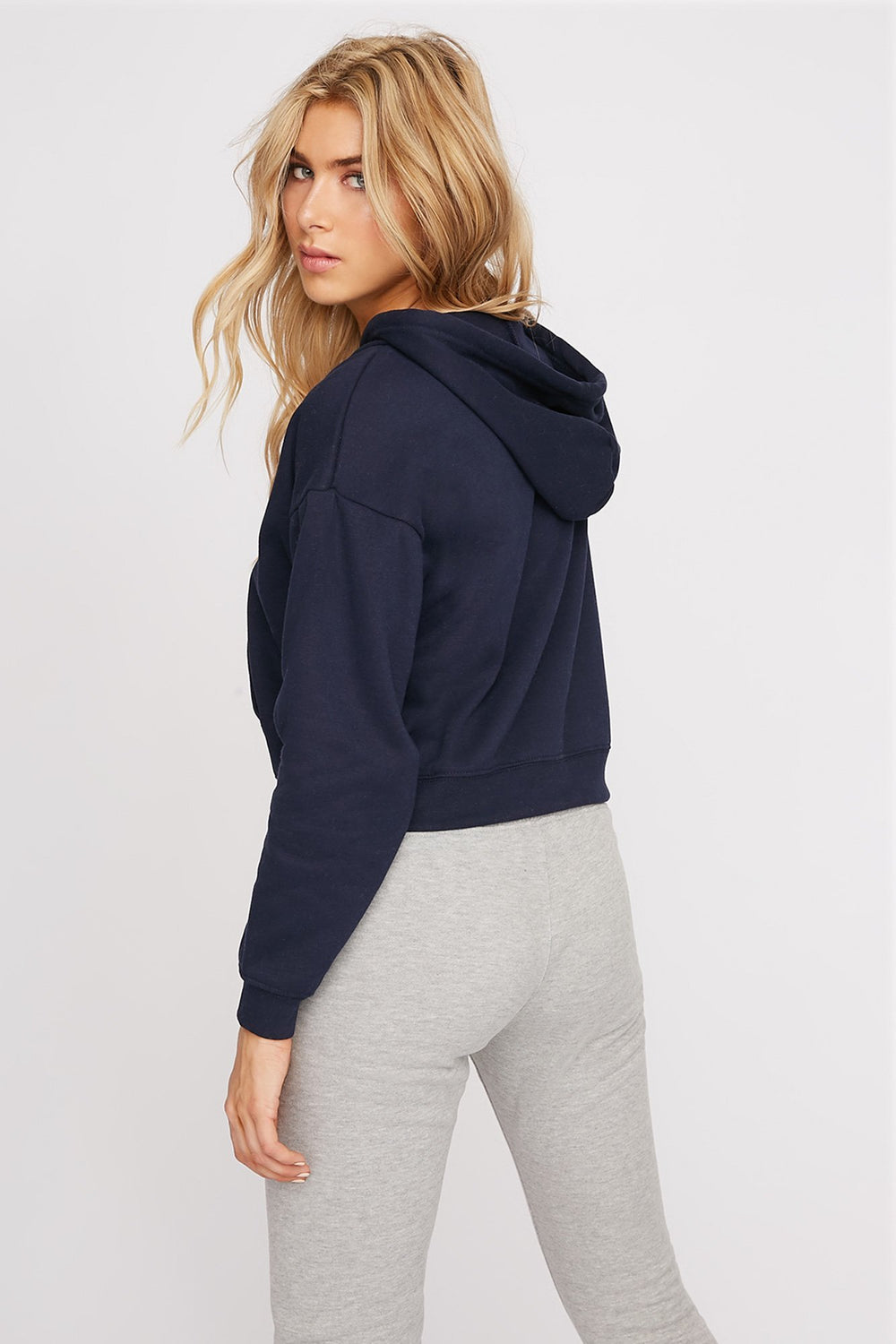 Women Cropped Fleece Popover Drawstring Hoodie Navy
