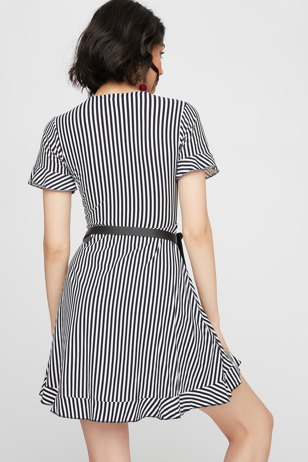 Women Faux-Wrap Floral Printed Ruffle Dress Navy