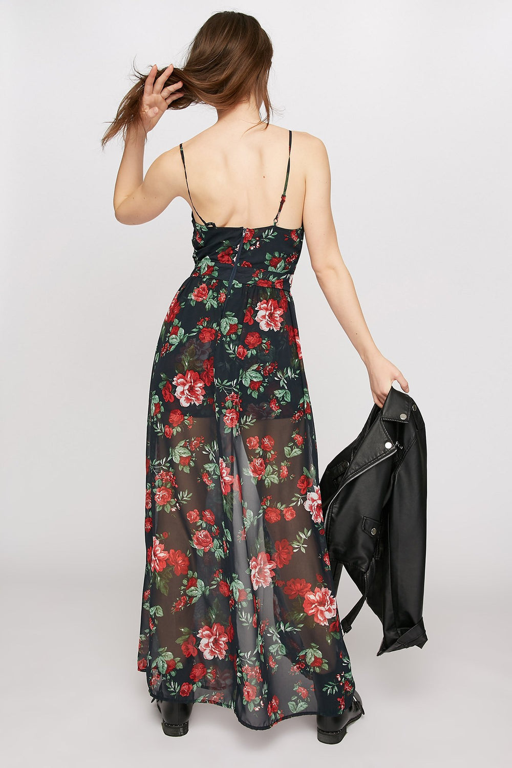 Women Floral Caged Plunging V-Neck Sheer Walkthrough Romper Navy