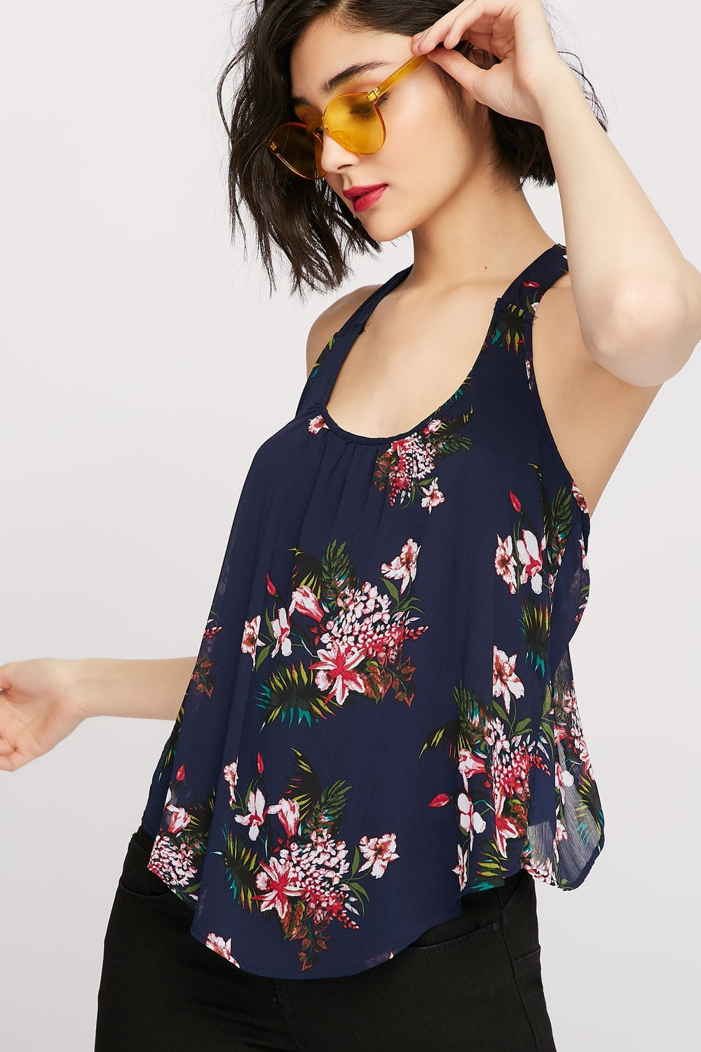 Women Floral Dolphin Hem Racerback Tank Navy