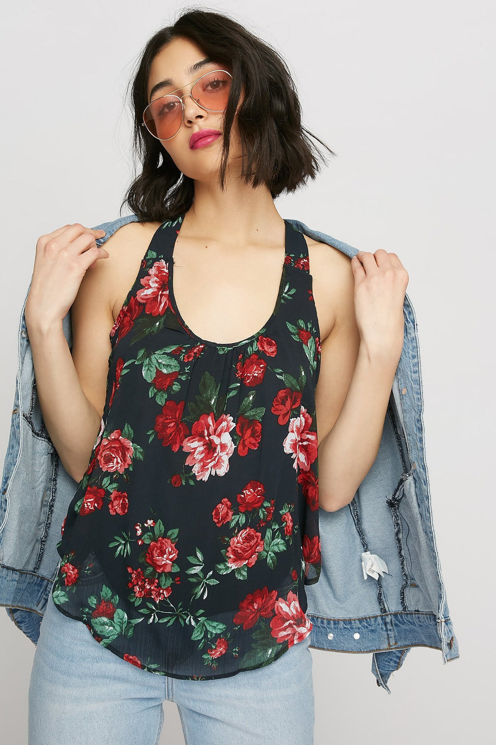 women Floral Racerback Chiffon Dolphin Hem Tank Navy
