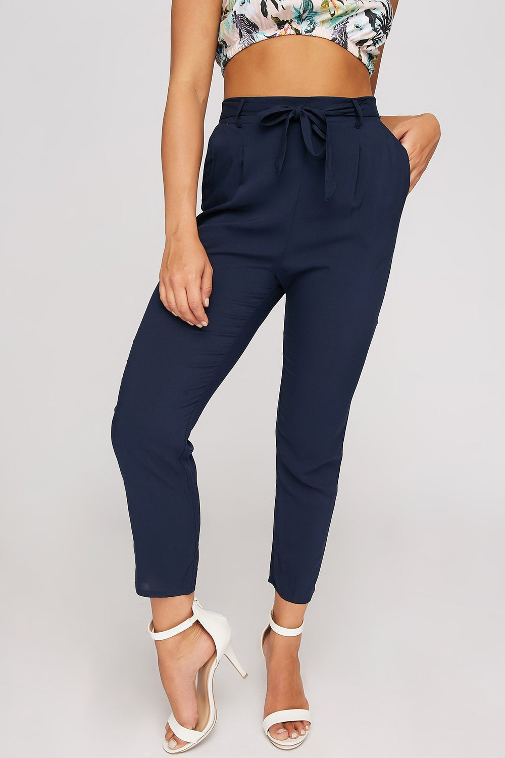 Women High-Rise Belted Self-Tie Pant Navy