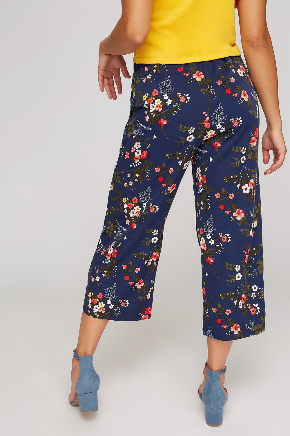Women High-Rise Floral Culotte Self-Tie Pant Navy