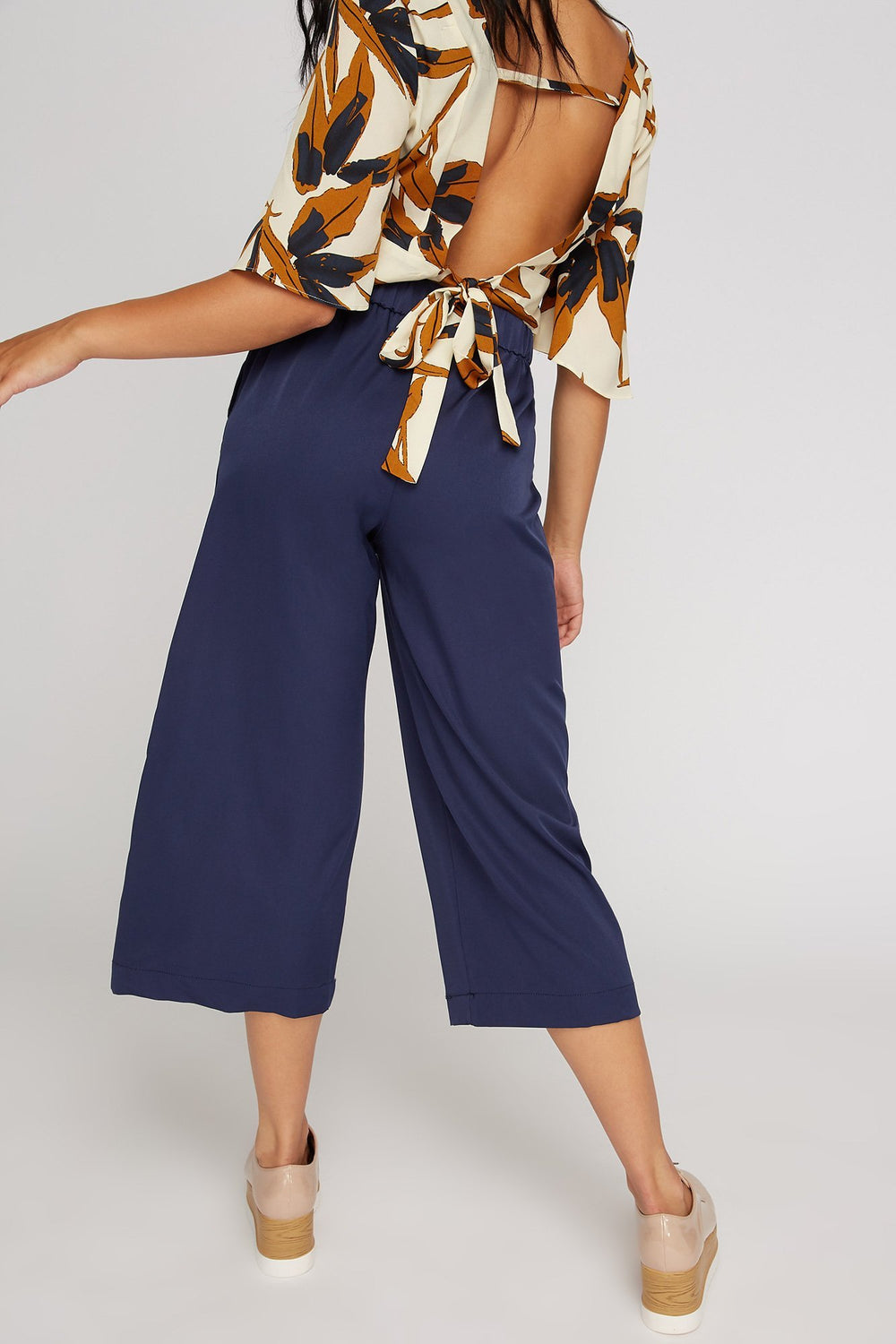 Women High-Rise Self-Tie Satin Wide-Leg Culotte Pant Navy