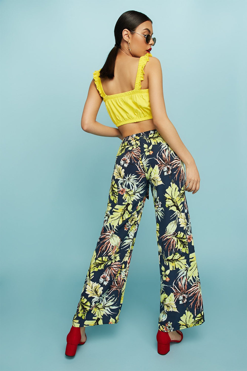 Women High-Rise Tropical Floral Self-Tie Palazzo Pant Navy