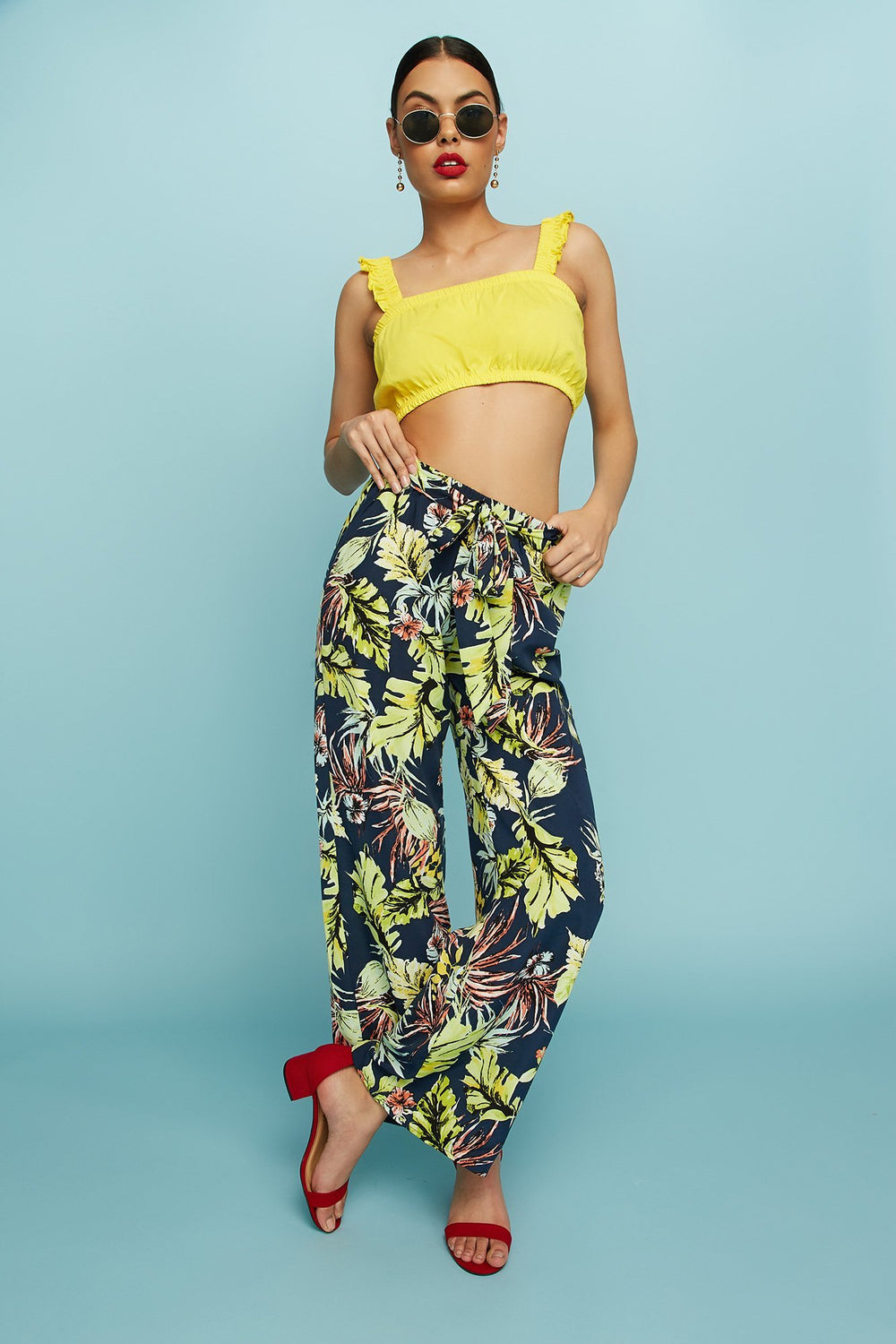 Women High-Rise Tropical Floral Self-Tie Palazzo Pant Navy