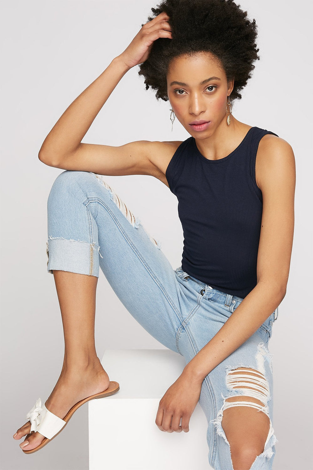 Women Lace-Up Back Ribbed Cropped Tank Navy