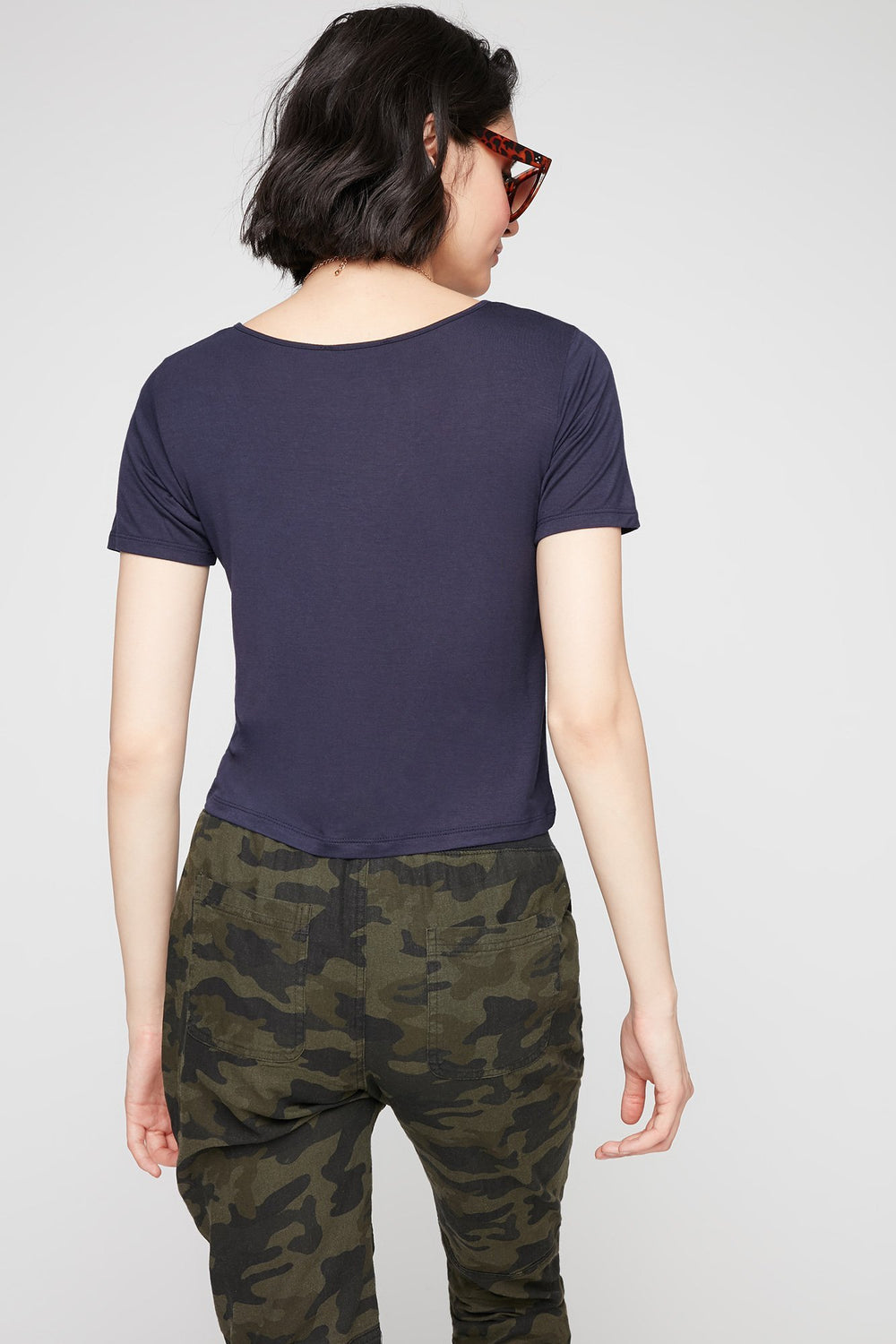 Women Lightweight Caged Neck T-Shirt Navy