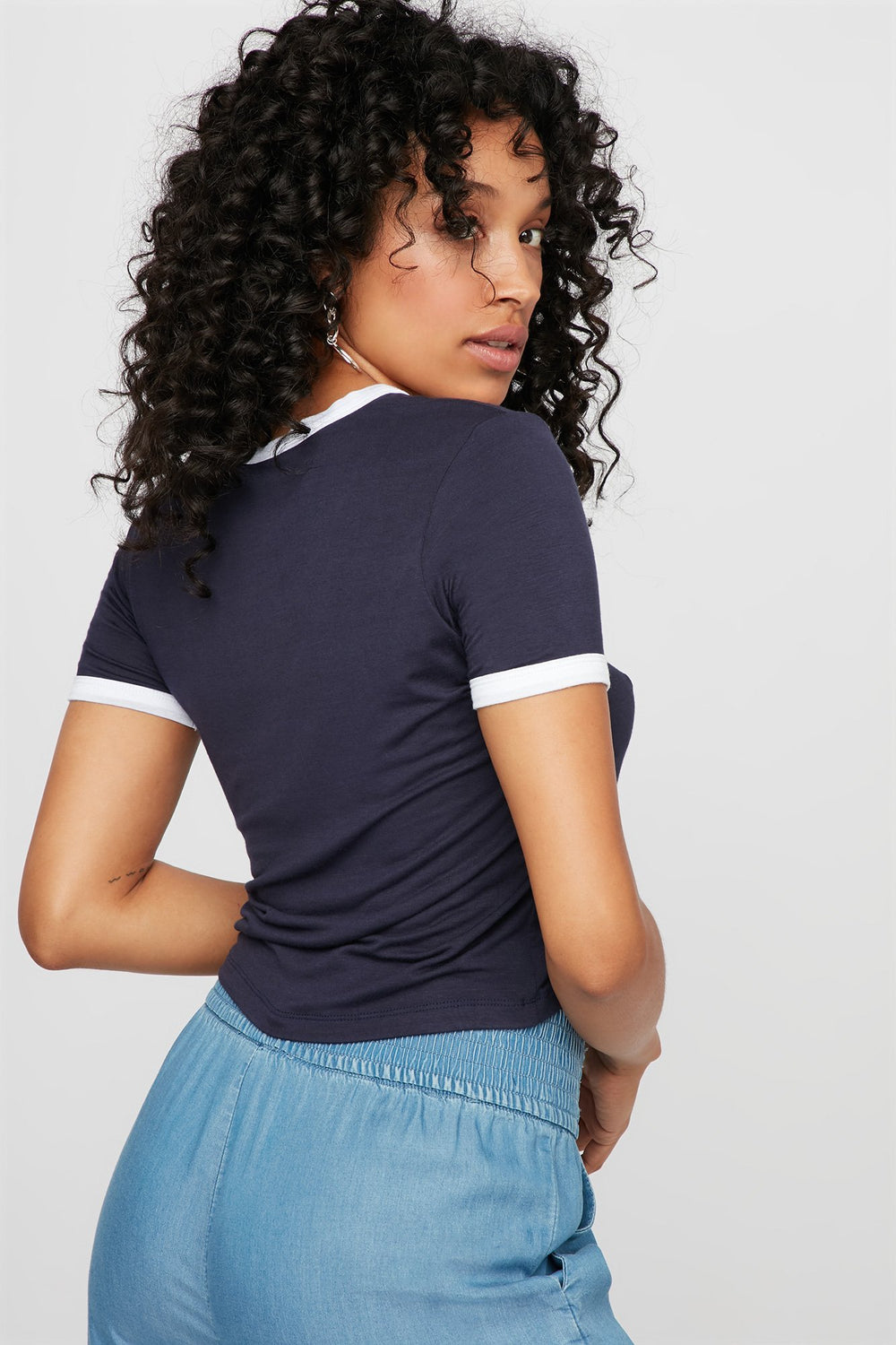 Women Lightweight Coloured Ringer T-Shirt Navy