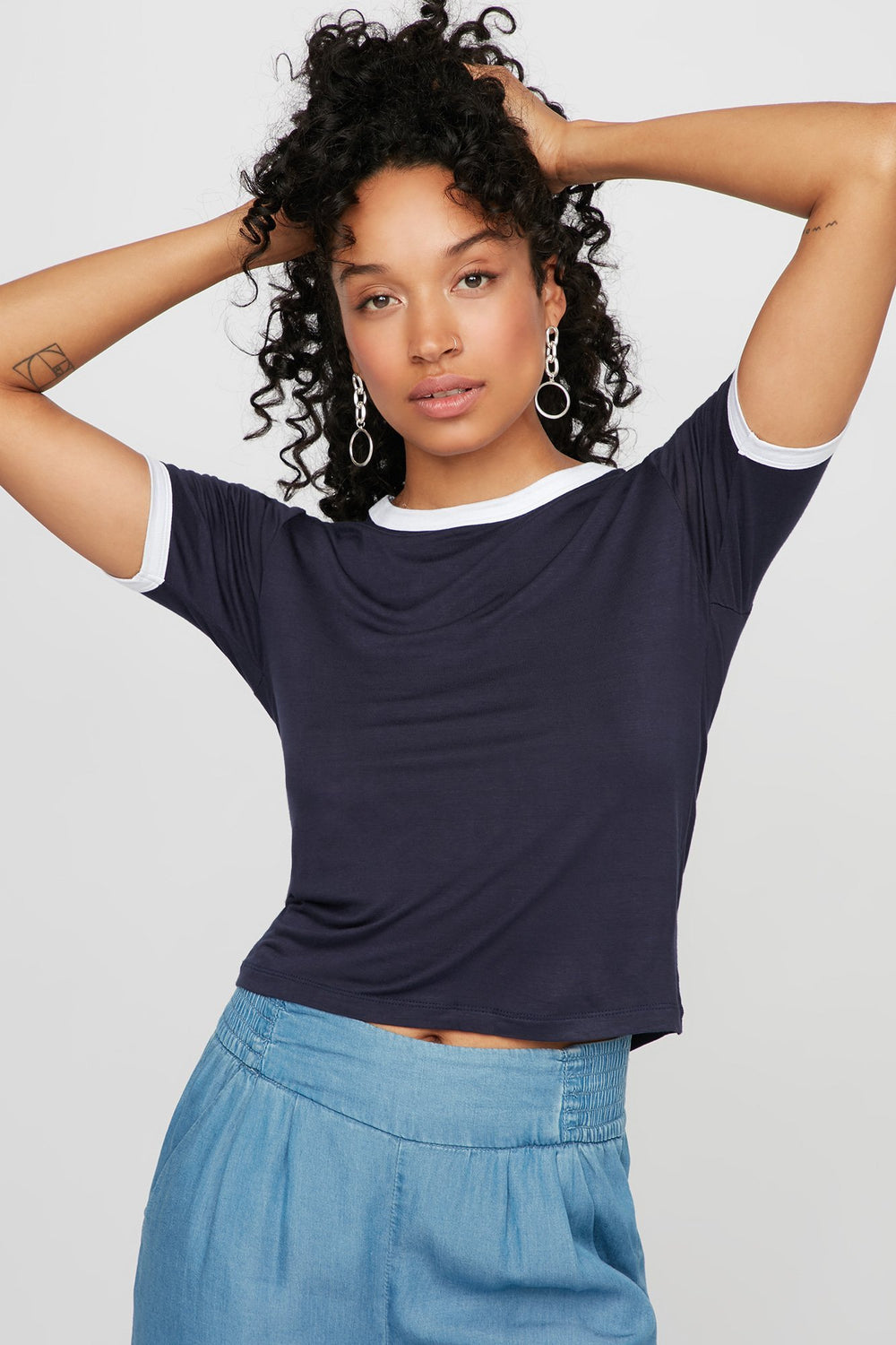 Women Lightweight Coloured Ringer T-Shirt Navy