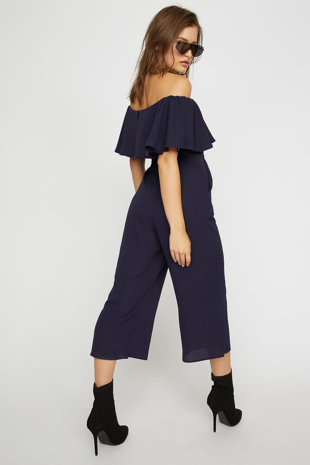 Women Off The Shoulder Ruffle Culotte Jumpsuit Navy