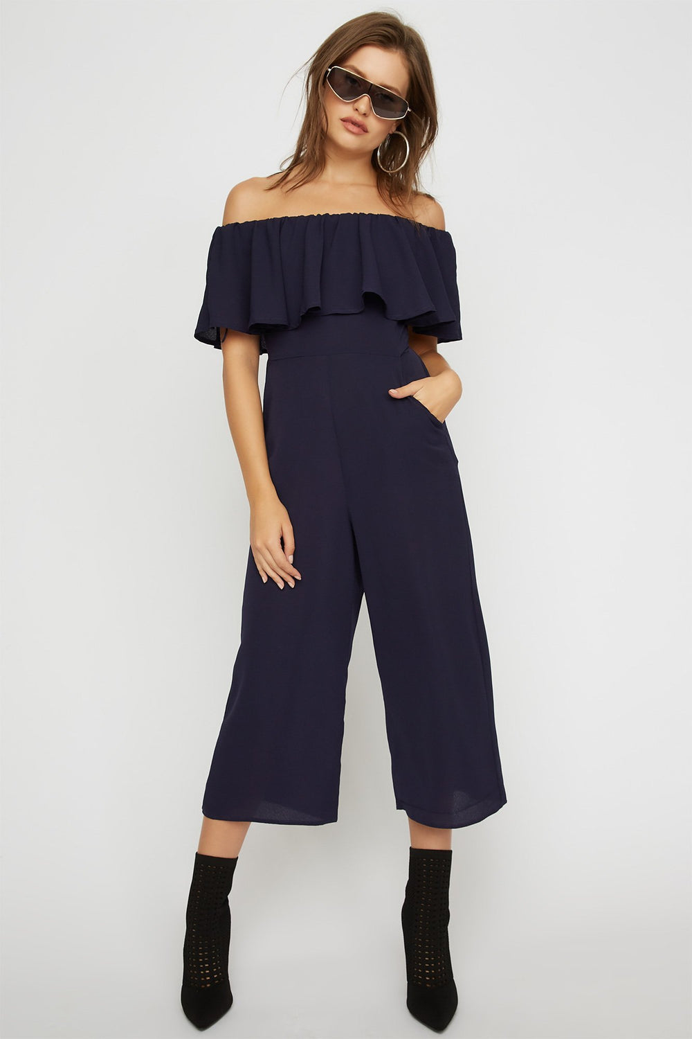 Women Off The Shoulder Ruffle Culotte Jumpsuit Navy