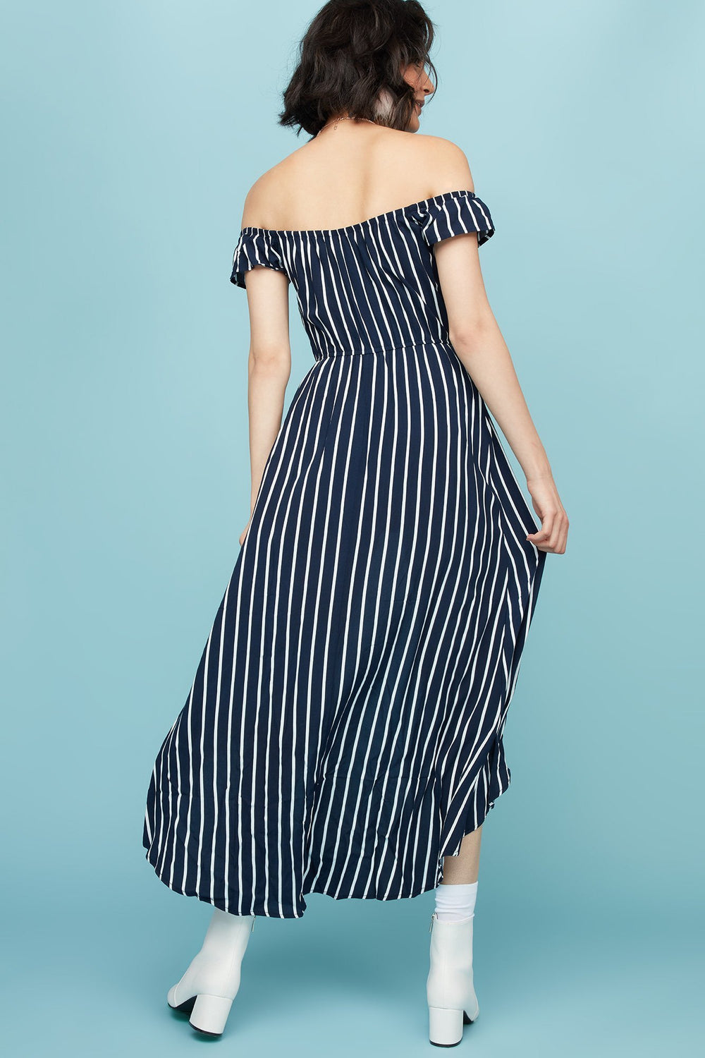 Women Off The Shoulder Striped Walkthrough Romper Navy