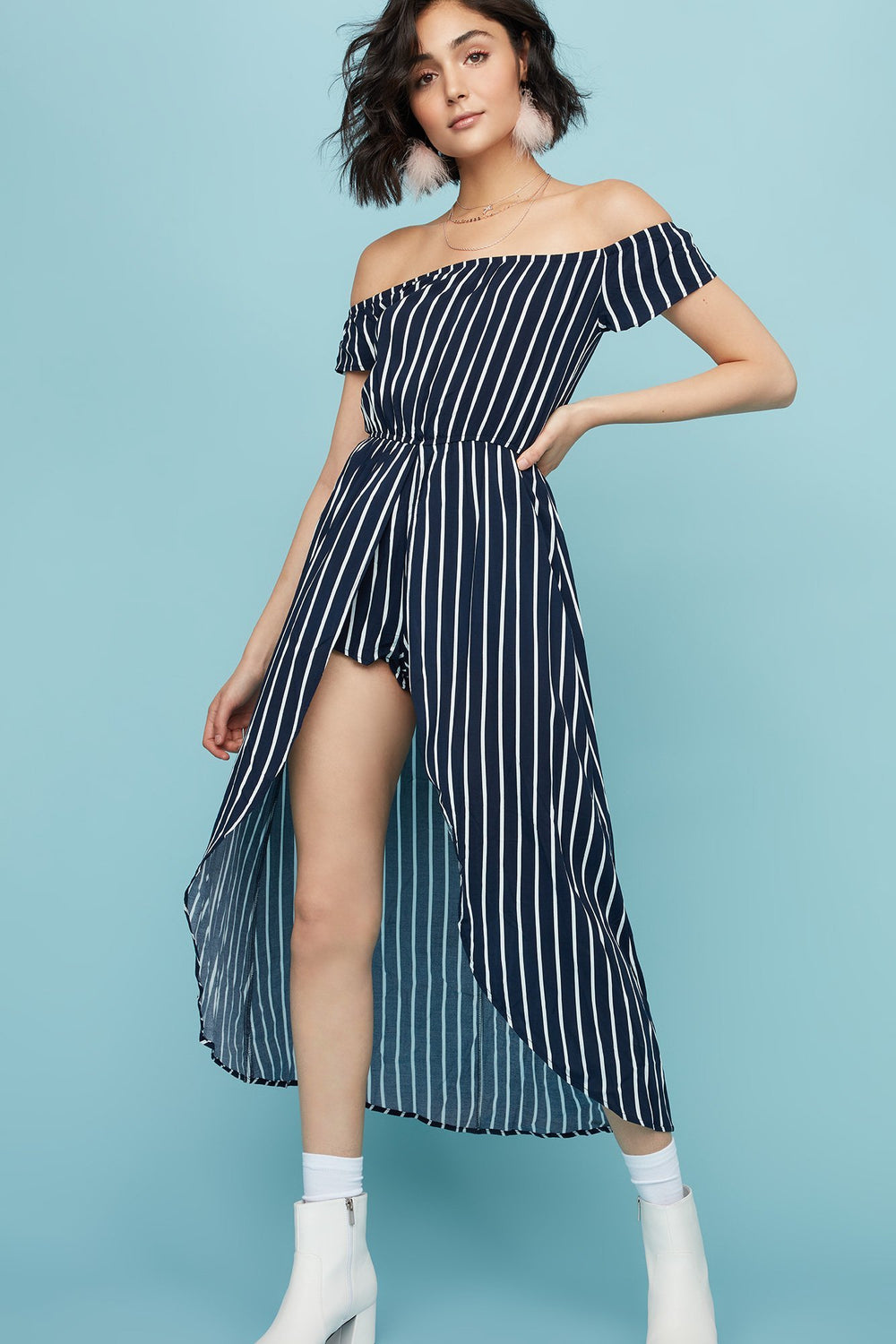 Women Off The Shoulder Striped Walkthrough Romper Navy