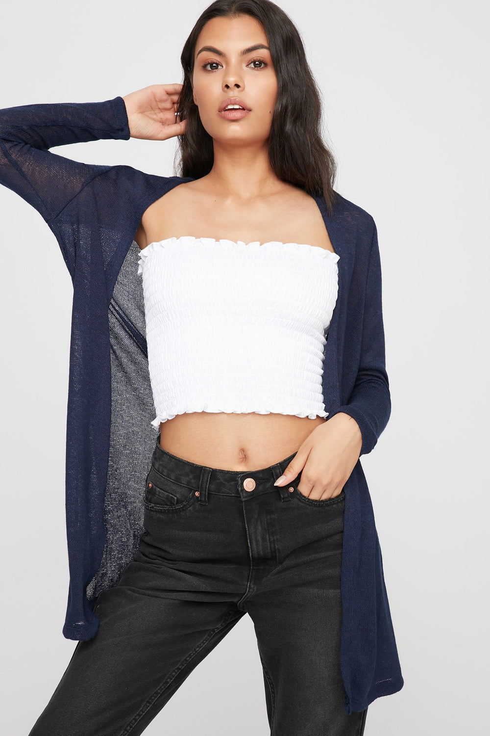 Women Open-Front Basic Longline Cardigan Navy