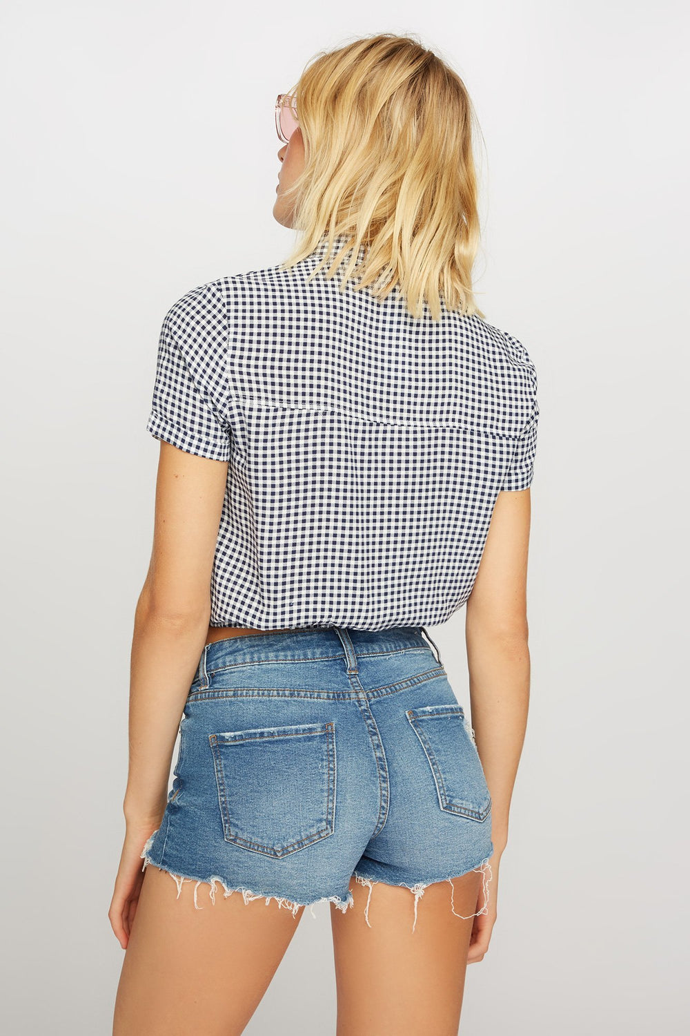 Women Printed Button-Up Self-Tie Drawstring Cropped Blouse Navy