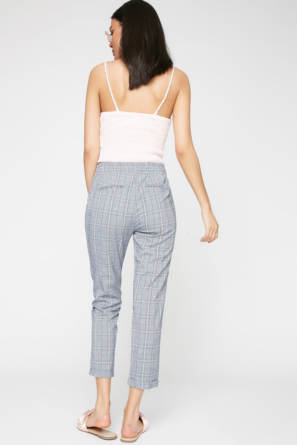 Women Pull-On Cropped Plaid Pant Navy