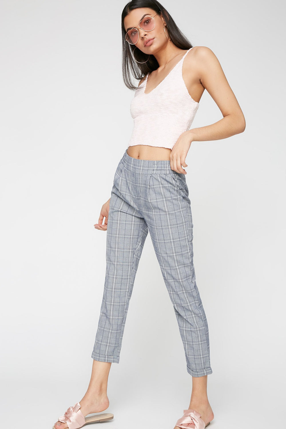 Women Pull-On Cropped Plaid Pant Navy