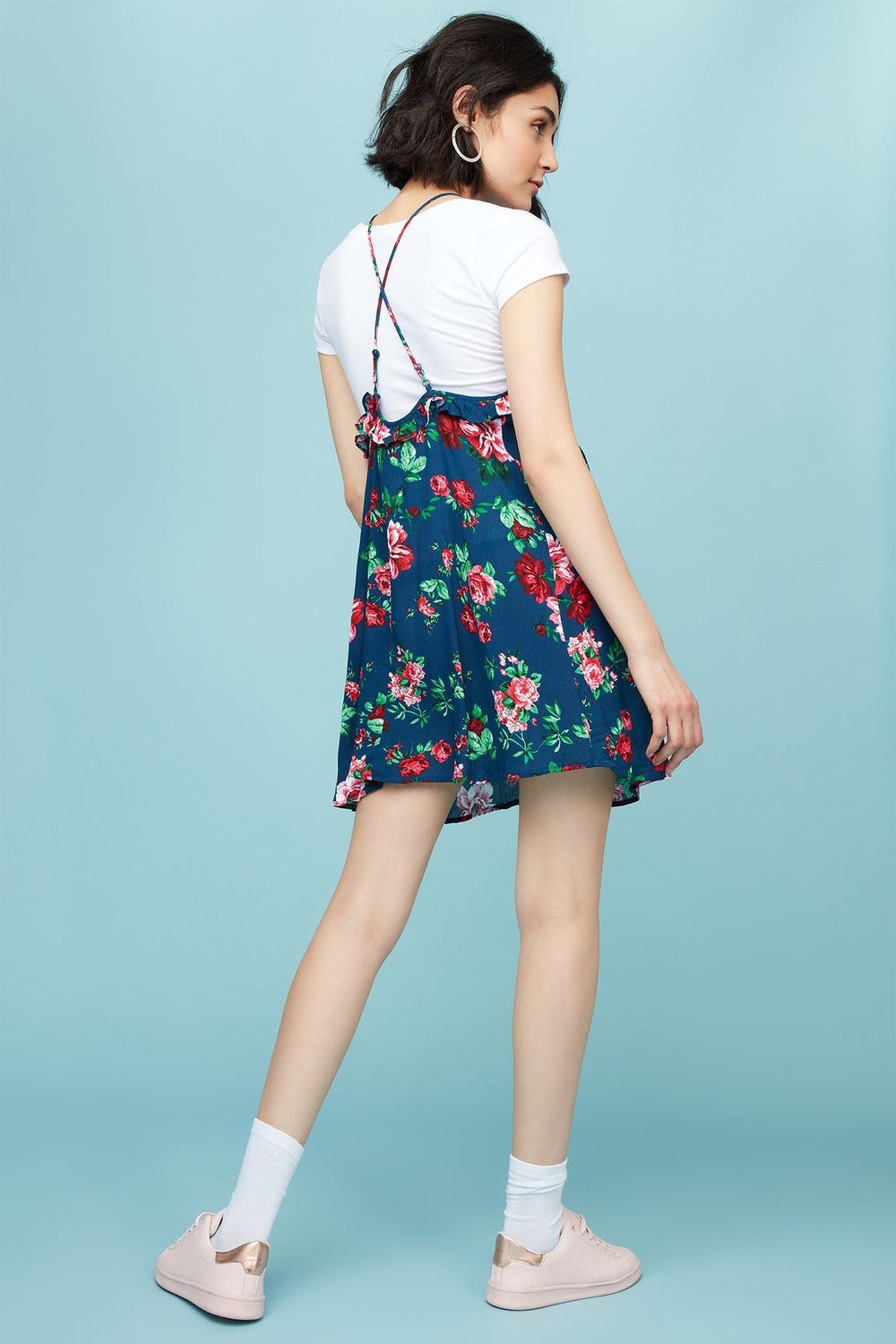 Women Ruffle Floral Camisole Shift Dress Navy