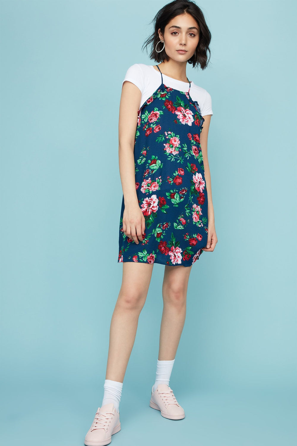 Women Ruffle Floral Camisole Shift Dress Navy