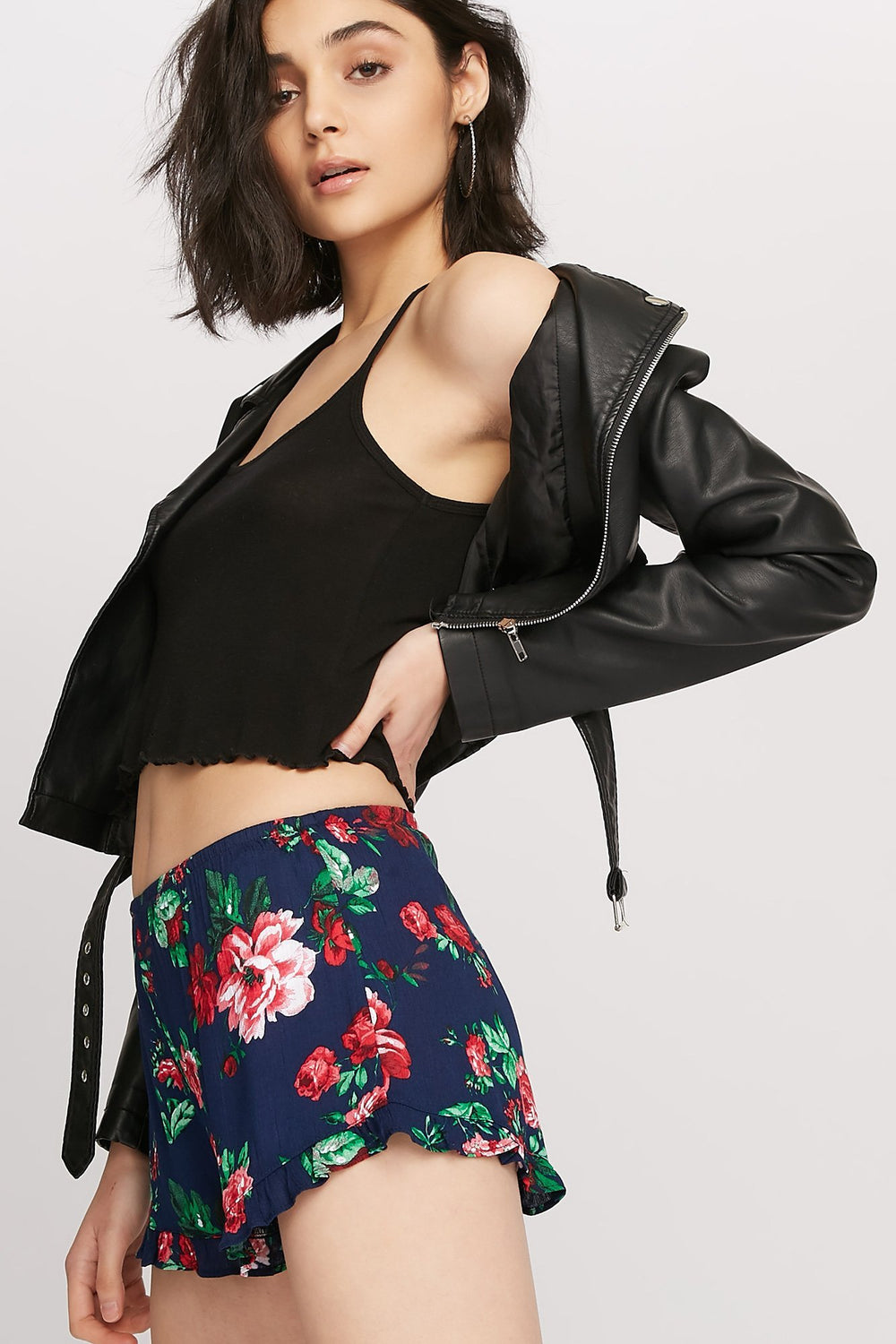 Women Ruffle Floral Lightweight Pull-On Short Navy