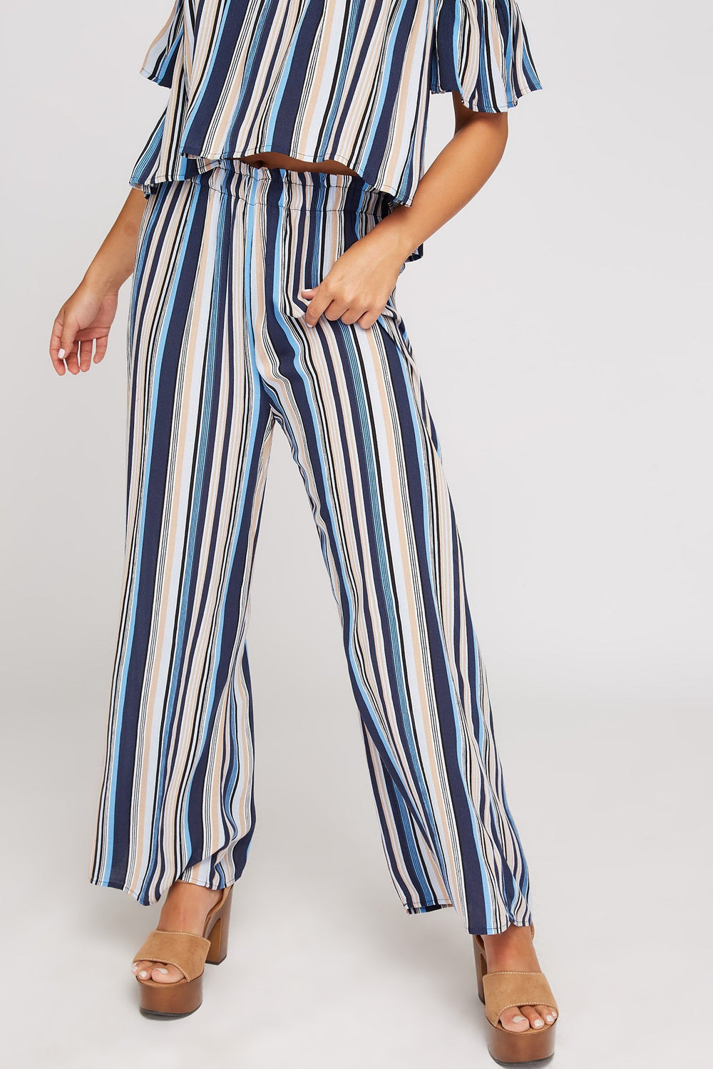 Women Ruffle Pull-On Striped Wide-Leg Pant Navy