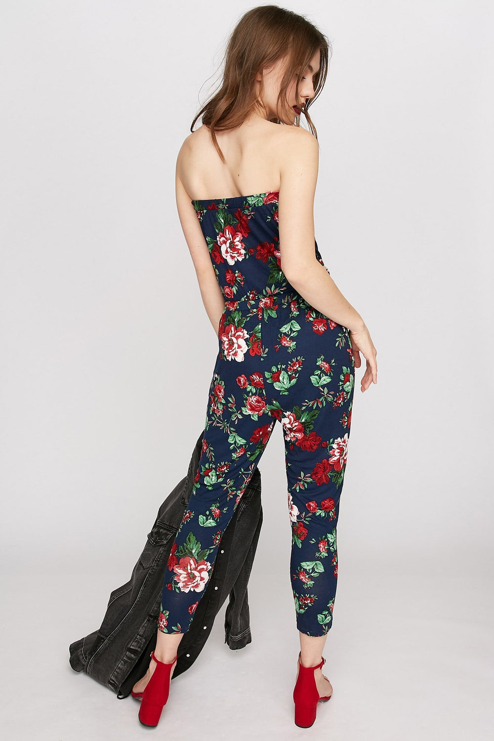 Women Strapless Floral Drawstring Jumpsuit Navy