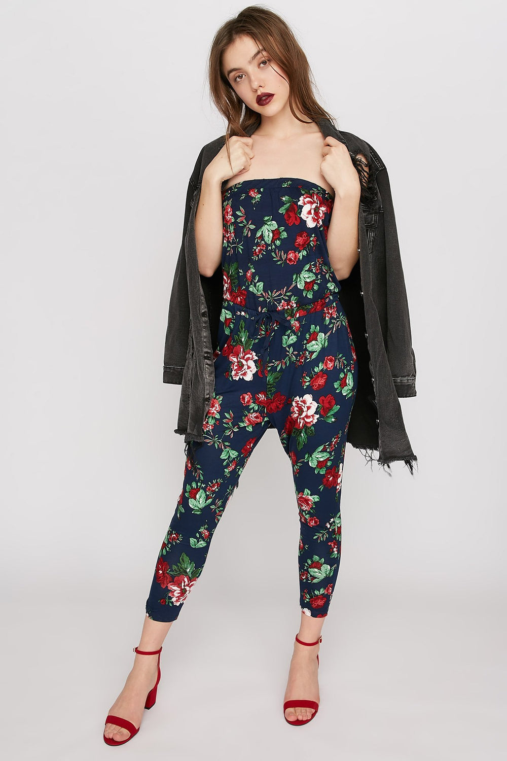Women Strapless Floral Drawstring Jumpsuit Navy