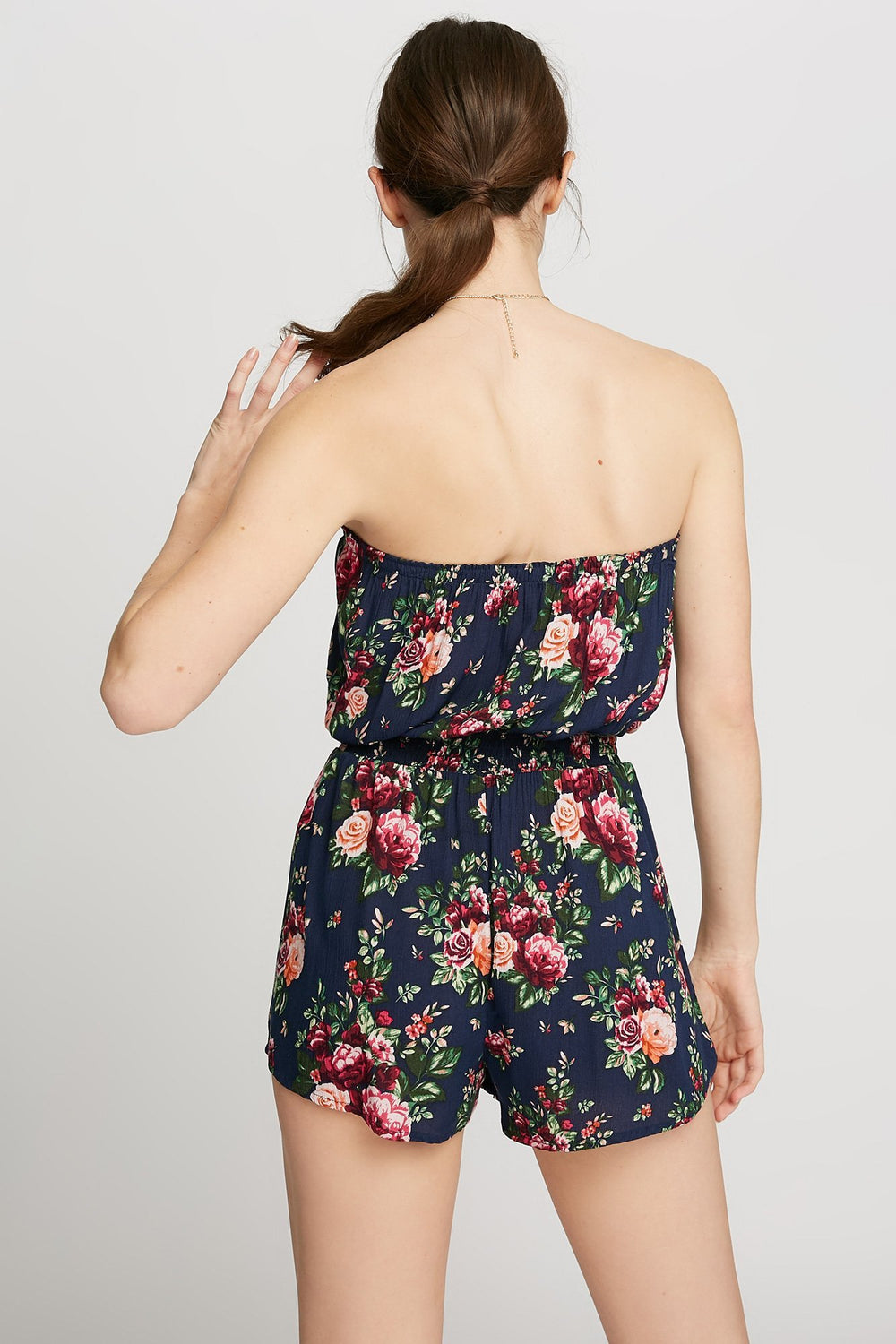 Women Strapless Floral Smocked Waist Romper Navy