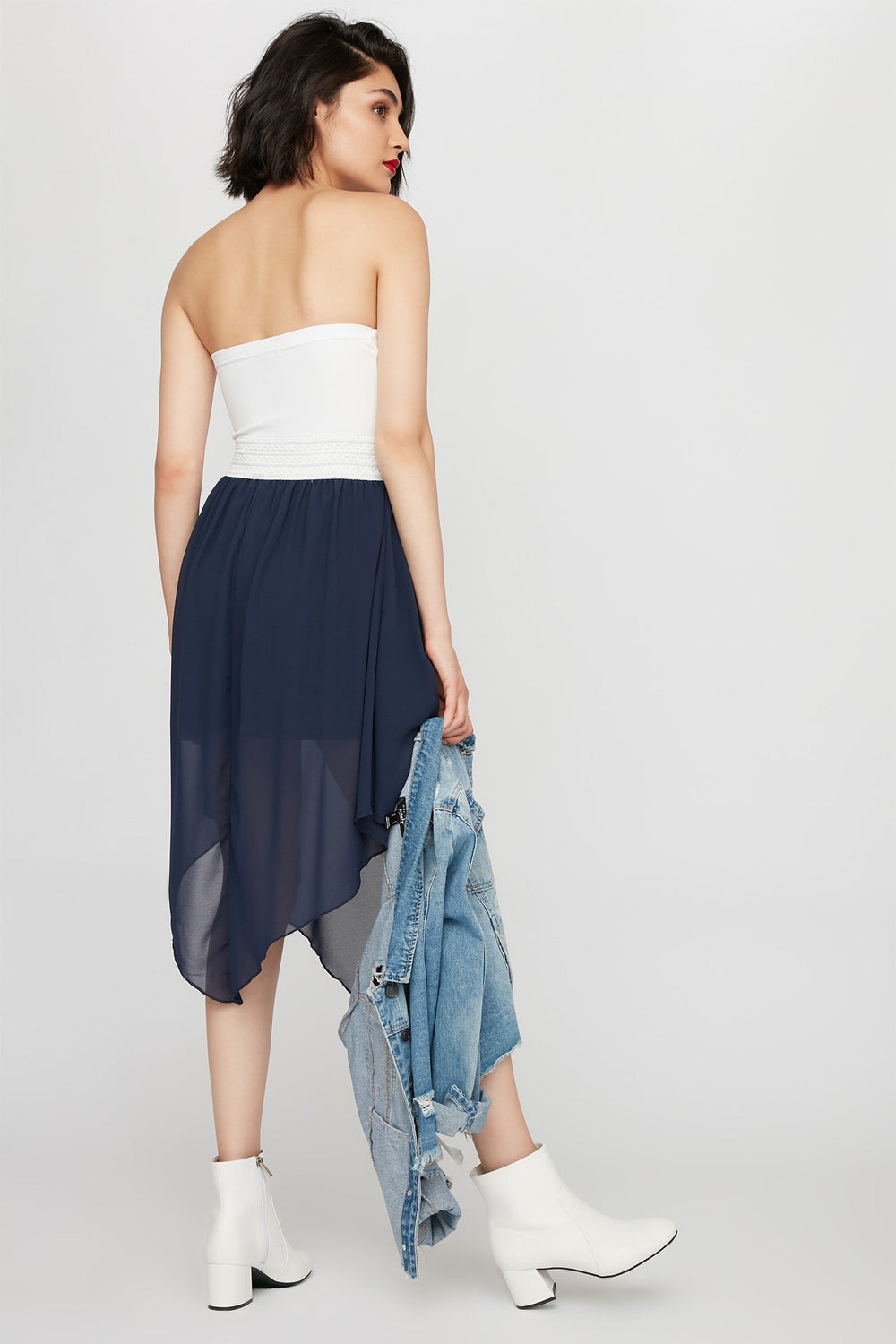 Women Strapless Lightweight High-Low Dress Navy