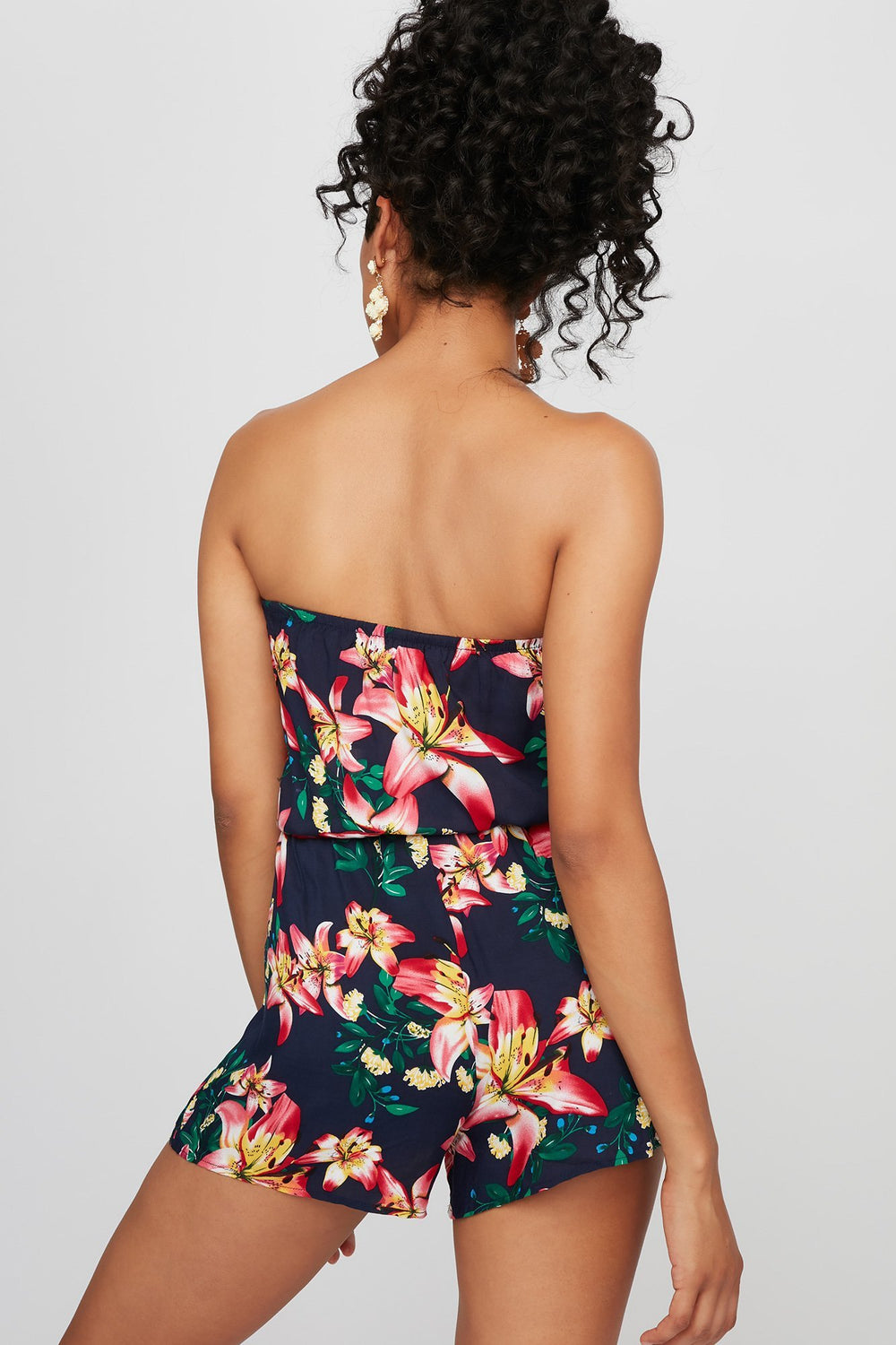 Women Strapless Tropical Floral Drawstring Romper Navy