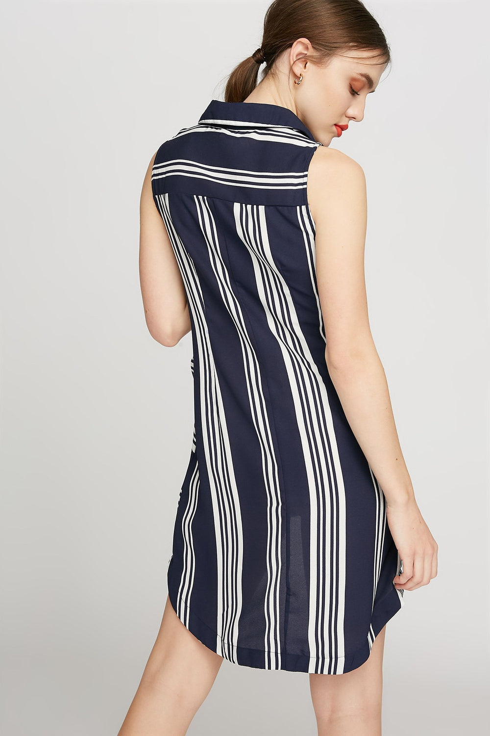 Women Striped Self-Tie Button-Up Dress Navy