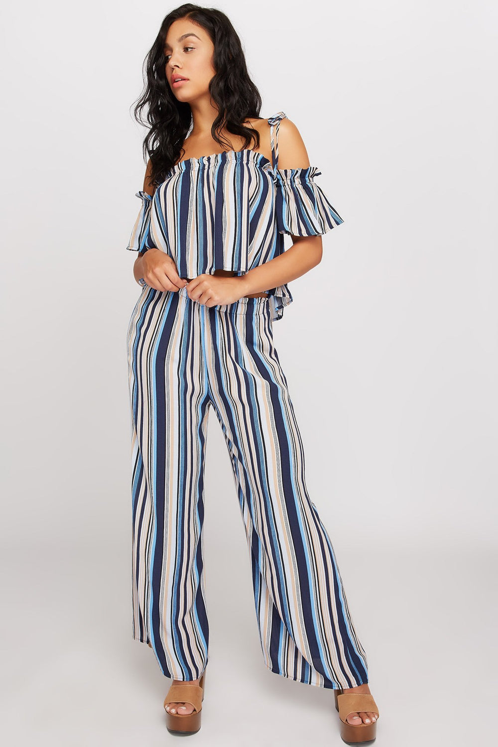 Women Striped Self-Tie Cold Shoulder Ruffle Blouse Navy