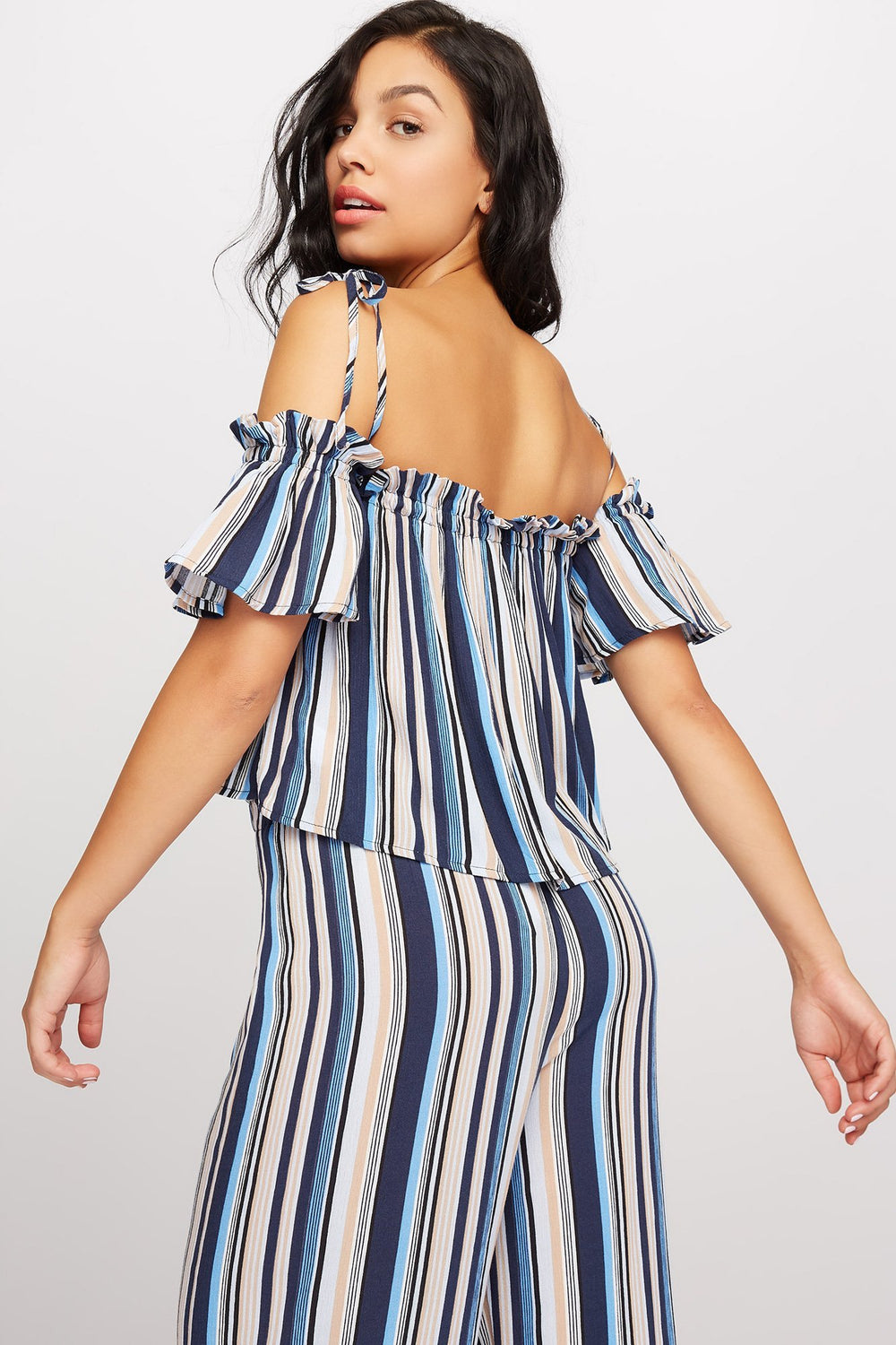 Women Striped Self-Tie Cold Shoulder Ruffle Blouse Navy