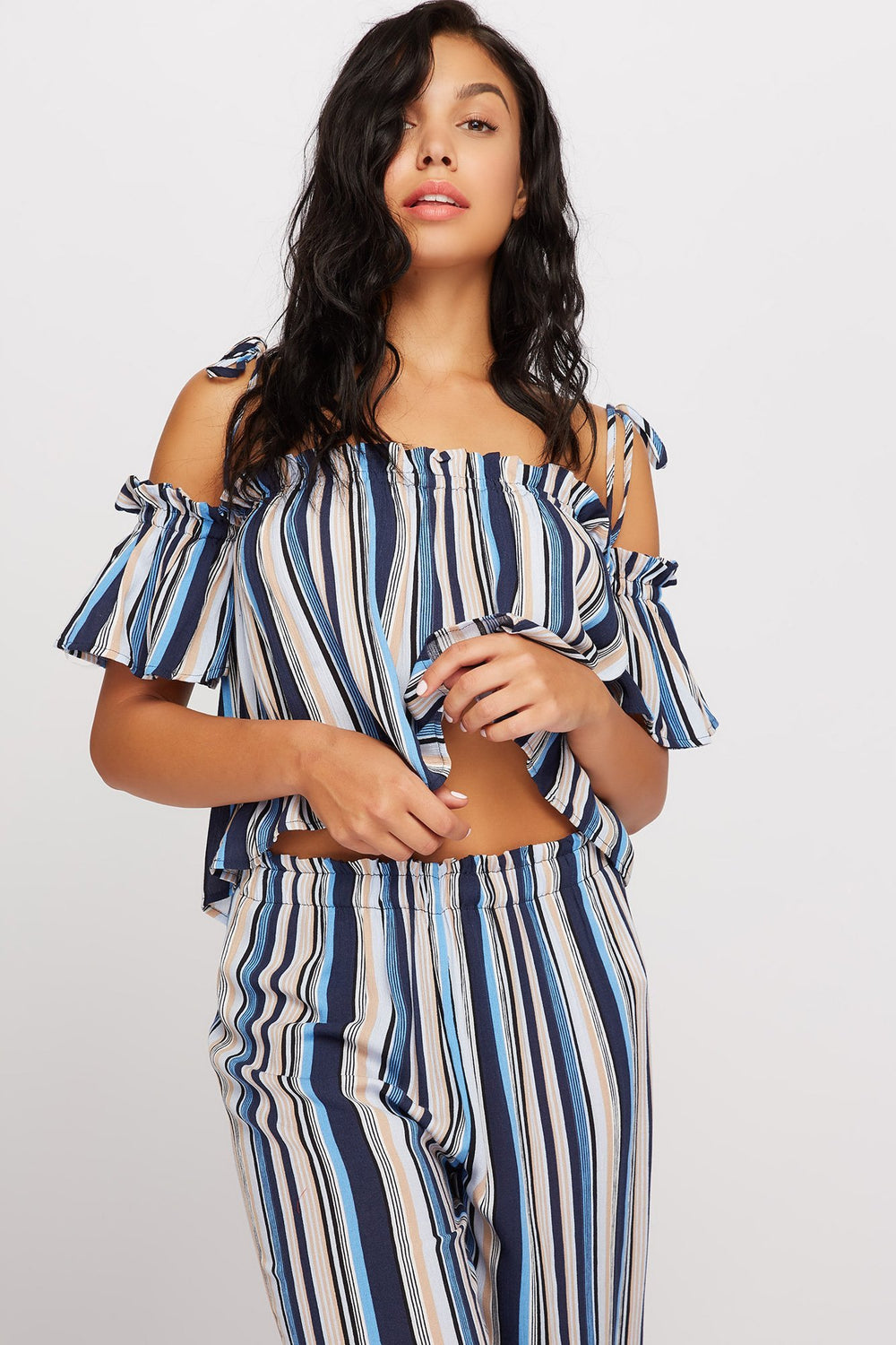 Women Striped Self-Tie Cold Shoulder Ruffle Blouse Navy