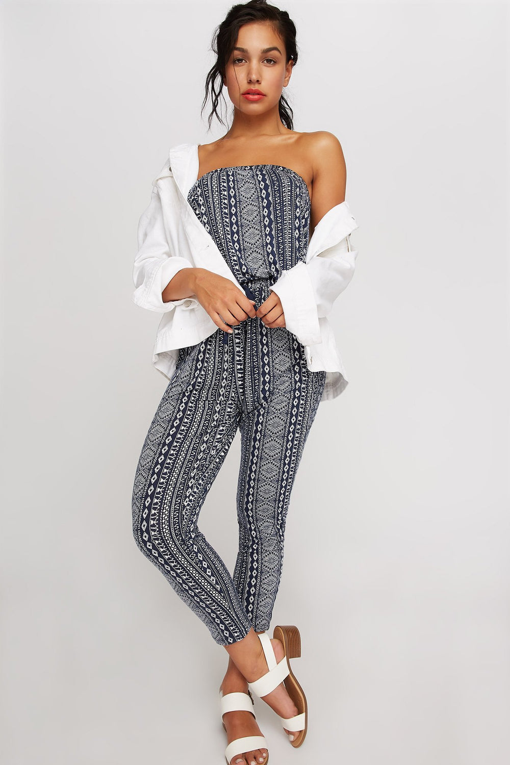 Women Tribal Strapless Drawstring Jumpsuit Navy