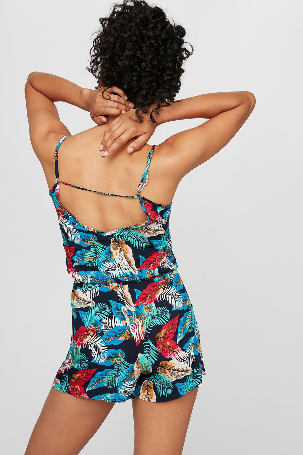 Women Tropical Floral Drawstring Romper Navy