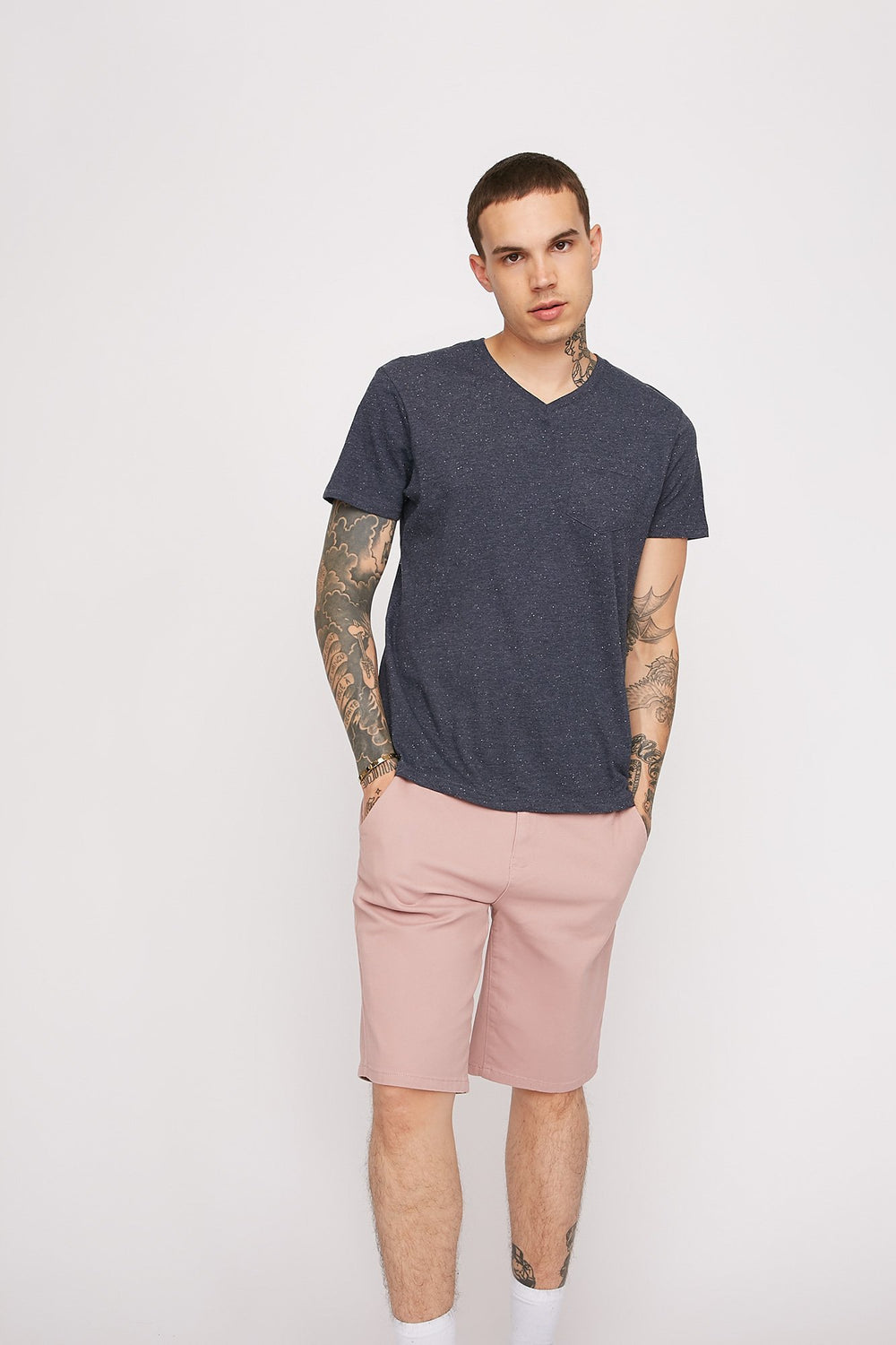 Men V-Neck Space Dye Pocket T-Shirt Navy