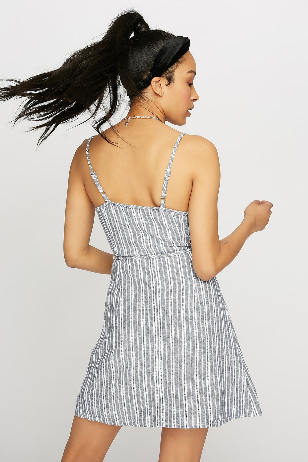 Women V-Neck Striped Linen Wrap Dress Navy