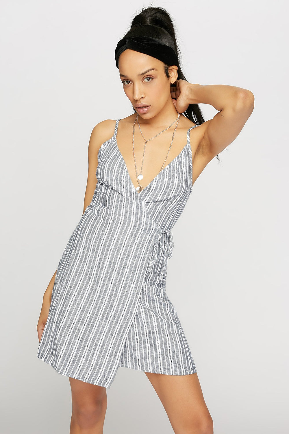 Women V-Neck Striped Linen Wrap Dress Navy