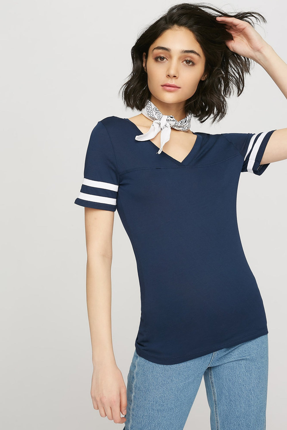 women V-Neck Varsity Striped T-Shirt Navy