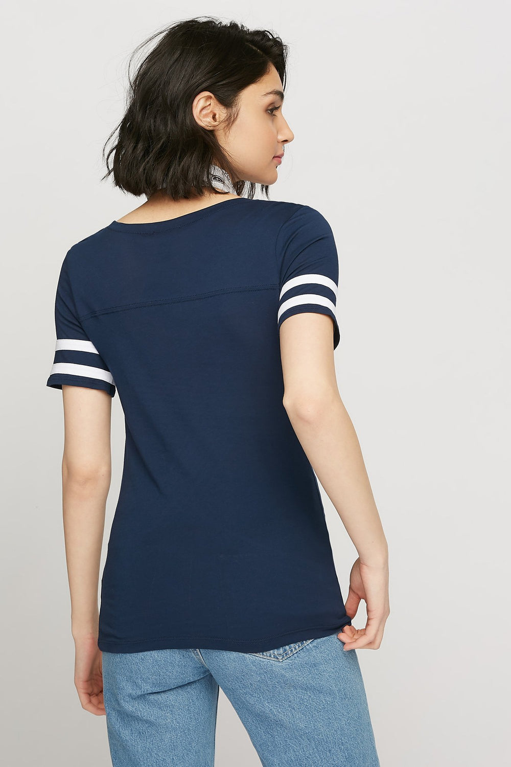 women V-Neck Varsity Striped T-Shirt Navy