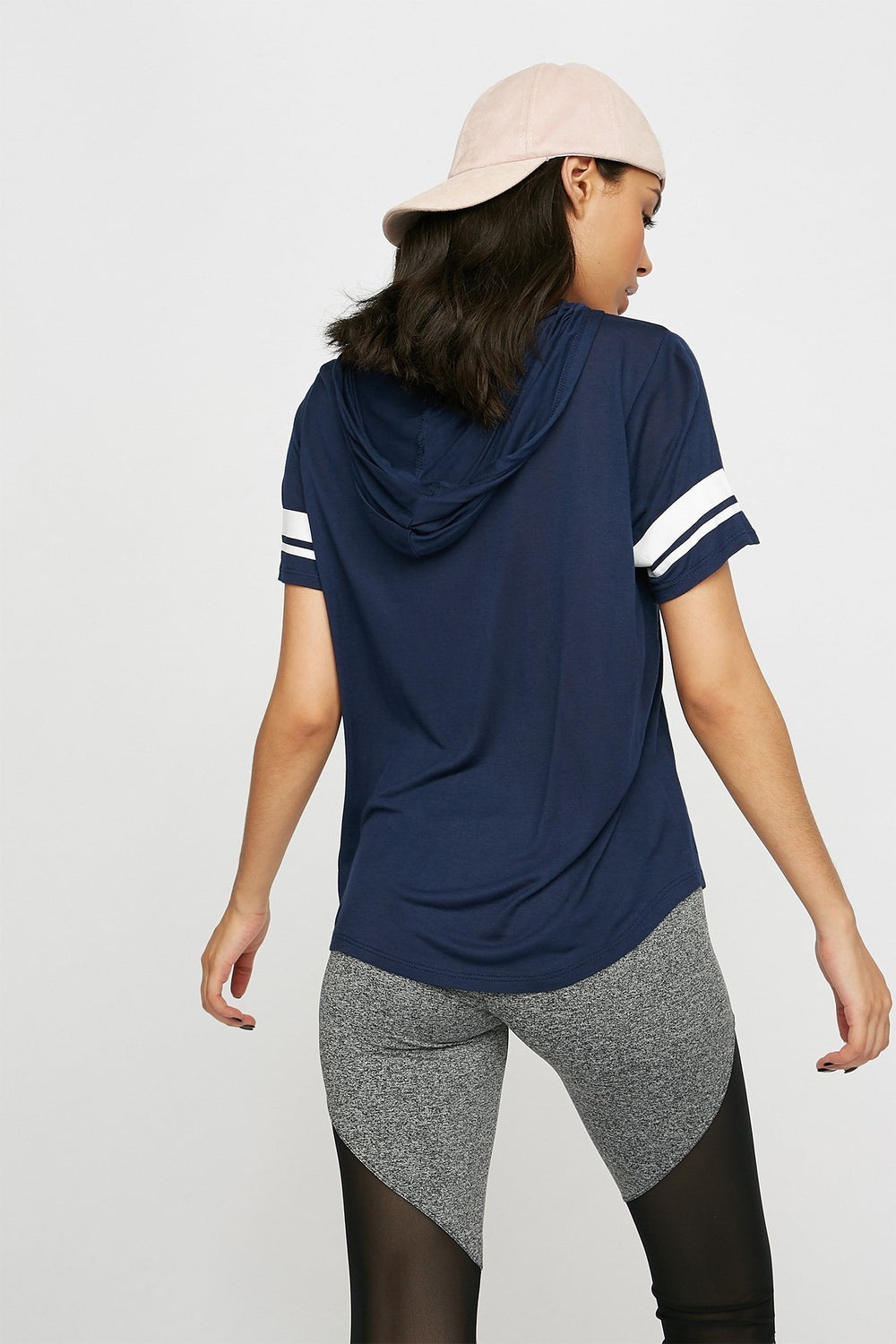 Women Varsity Striped Dolphin Hem Drawstring Hooded T-Shirt Navy