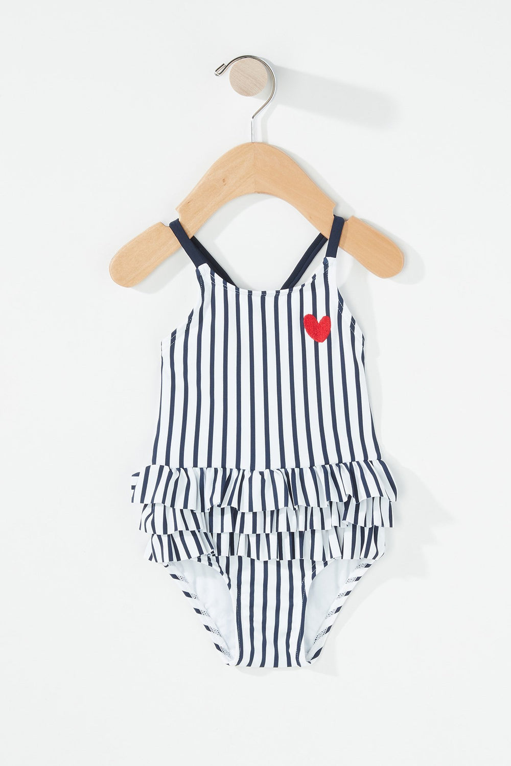 Kids Baby Girl Ruffle Striped Heart One-Piece Swimsuit Navy