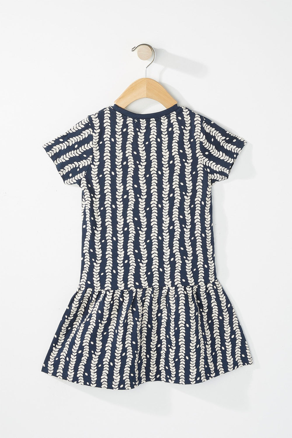 Kids Girls Chambray Pocket Leaf Printed Peplum Dress Navy